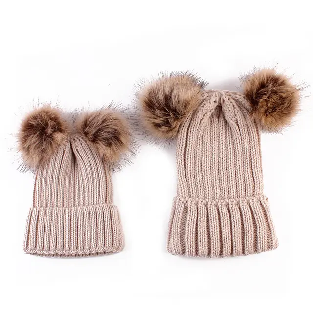 Cross border Special Supply Parent child Wool Hat Raccoon Fur Double Ball Fake Hair Ball New Knit Hat Fast Sale Source - Shop at LoveMi