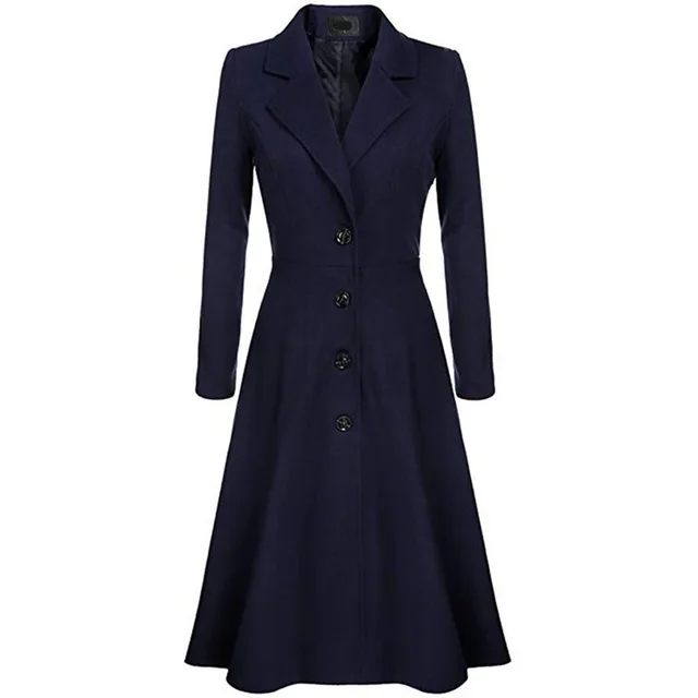 Women's long sleeved woolen coat Dark Blue - Shop at LoveMi