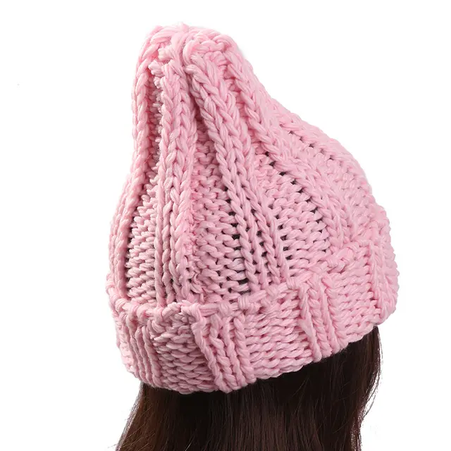 Europe and the United States new knit hat ladies autumn and winter fashion wild thick wool hat solid color simple earmuffs Light Pink - Shop at LoveMi