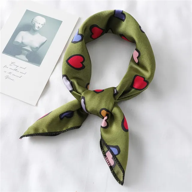Lovely Heart Print Small Silk Scarf for Hair Tie Women Square Neck Scarves Foulard Female Bag Skinny Band Neckerchief Bandana Army Green - Shop at LoveMi
