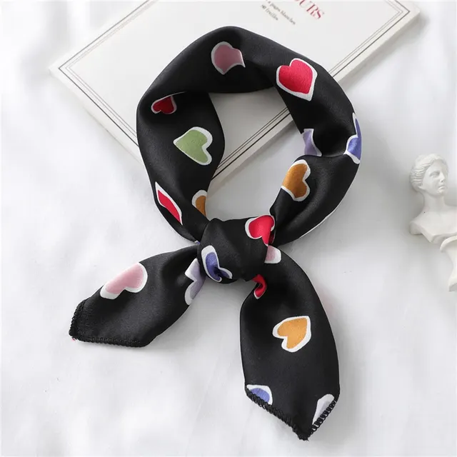 Lovely Heart Print Small Silk Scarf for Hair Tie Women Square Neck Scarves Foulard Female Bag Skinny Band Neckerchief Bandana Black - Shop at LoveMi
