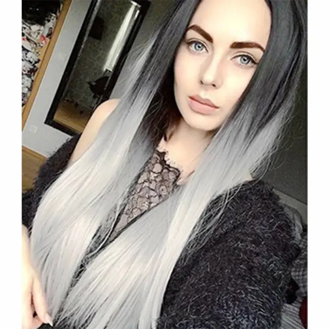 Gradient mid length straight hair hood Grey Gradual Change - Shop at LoveMi