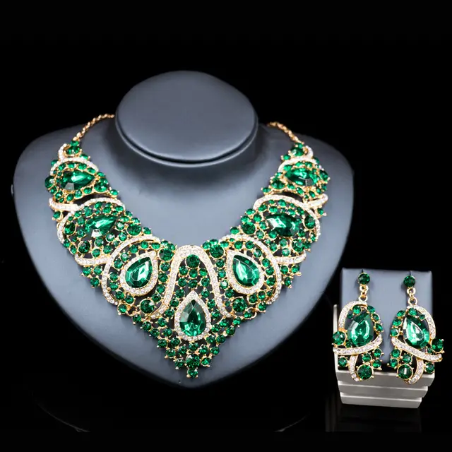 Fast selling explosion, Middle East, Europe and America, colorful exaggerated bride necklace, earring set, alloy color plating Green - Shop at LoveMi