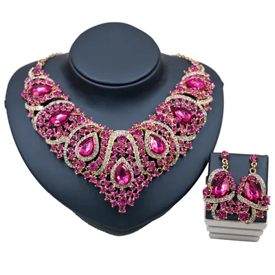 Fast selling explosion, Middle East, Europe and America, colorful exaggerated bride necklace, earring set, alloy color plating Pink - Shop at LoveMi