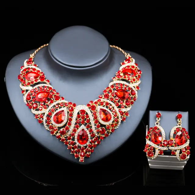 Fast selling explosion, Middle East, Europe and America, colorful exaggerated bride necklace, earring set, alloy color plating Red - Shop at LoveMi