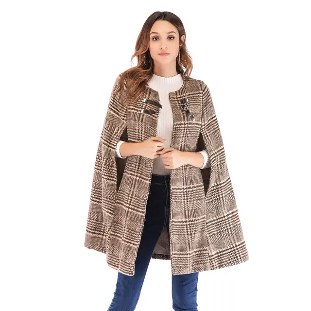 Women's leather button Cape Plaid cape coat Camel - Shop at LoveMi