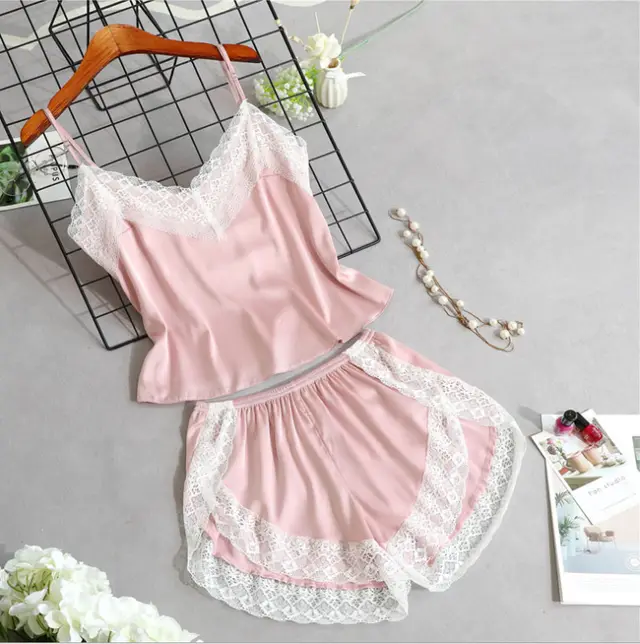 Sense lace suspender shorts Pajama suit Pink - Shop at LoveMi