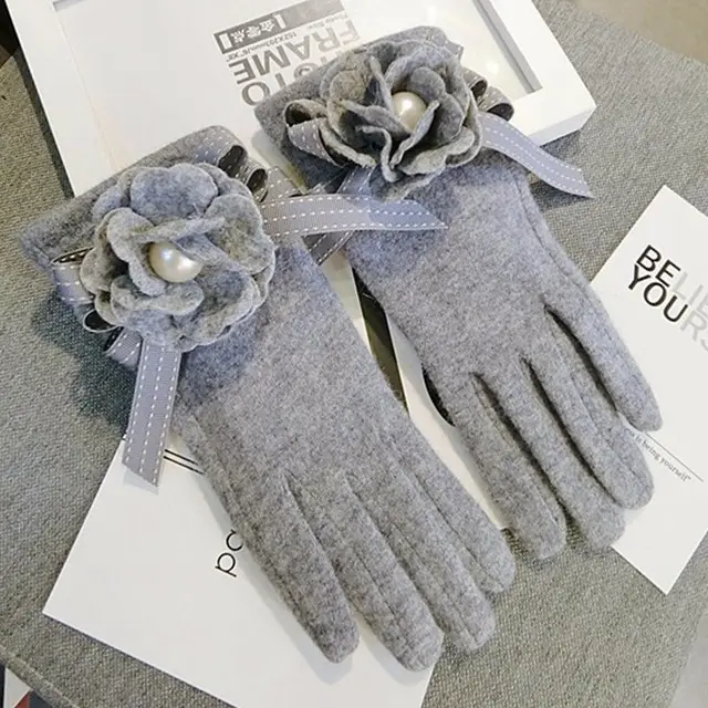 Cute Fashion Wool Five Finger Bow Warm Gloves Grey - Shop at LoveMi