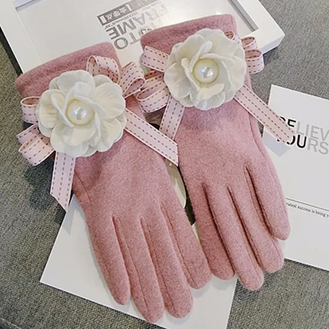 Cute Fashion Wool Five Finger Bow Warm Gloves Pink - Shop at LoveMi
