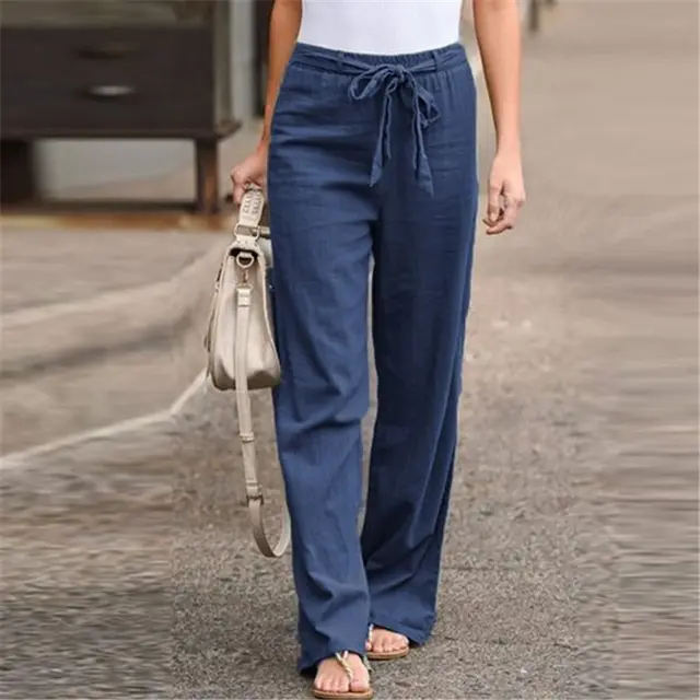 Cotton and linen loose waist slim trousers Blue - Shop at LoveMi