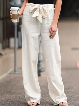 Cotton and linen loose waist slim trousers - White