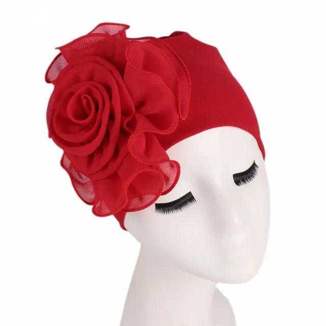 Side big flower elastic bandana hat Red - Shop at LoveMi