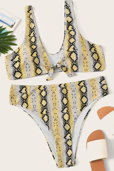 Sexy plus size knotted high waist ladies swimwear Yellow - Shop at LoveMi