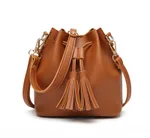 Vintage Fashion Small Women Leather Bucket Bag Handbag Tassel Drawstring Shoulder Bag - Brown