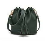 Vintage Fashion Small Women Leather Bucket Bag Handbag Tassel Drawstring Shoulder Bag - Green