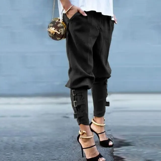 Women's solid color casual strap trousers pants pants Black - Shop at LoveMi