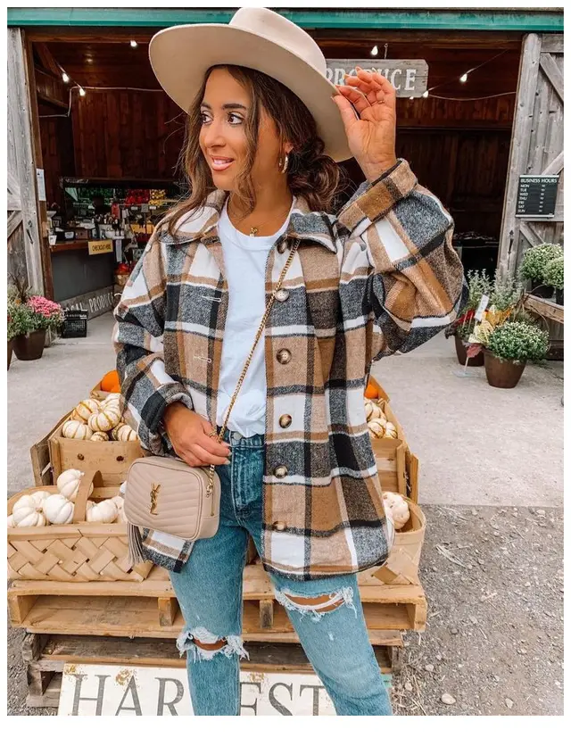 Autumn and Winter Long Sleeve Plaid Printed Shirt Coat 1Brown - Shop at LoveMi