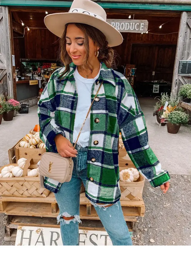 Autumn and Winter Long Sleeve Plaid Printed Shirt Coat 1Green - Shop at LoveMi
