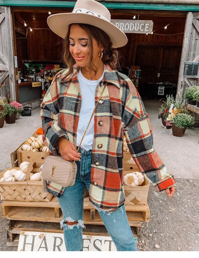 Autumn and Winter Long Sleeve Plaid Printed Shirt Coat 1Orange - Shop at LoveMi