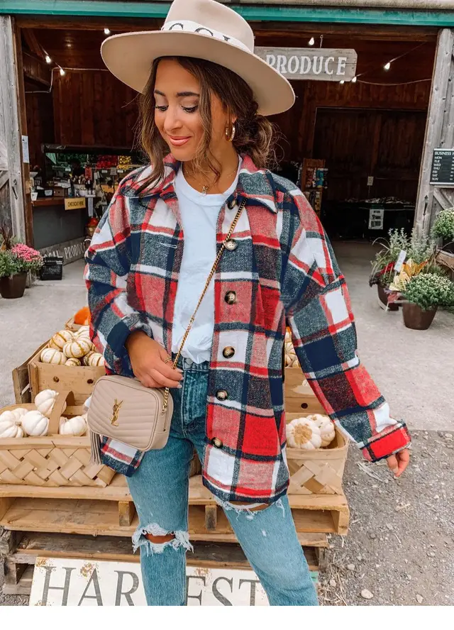 Autumn and Winter Long Sleeve Plaid Printed Shirt Coat 1Red - Shop at LoveMi