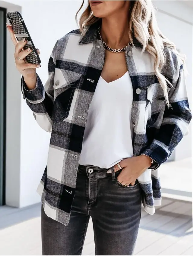 Autumn and Winter Long Sleeve Plaid Printed Shirt Coat Black - Shop at LoveMi