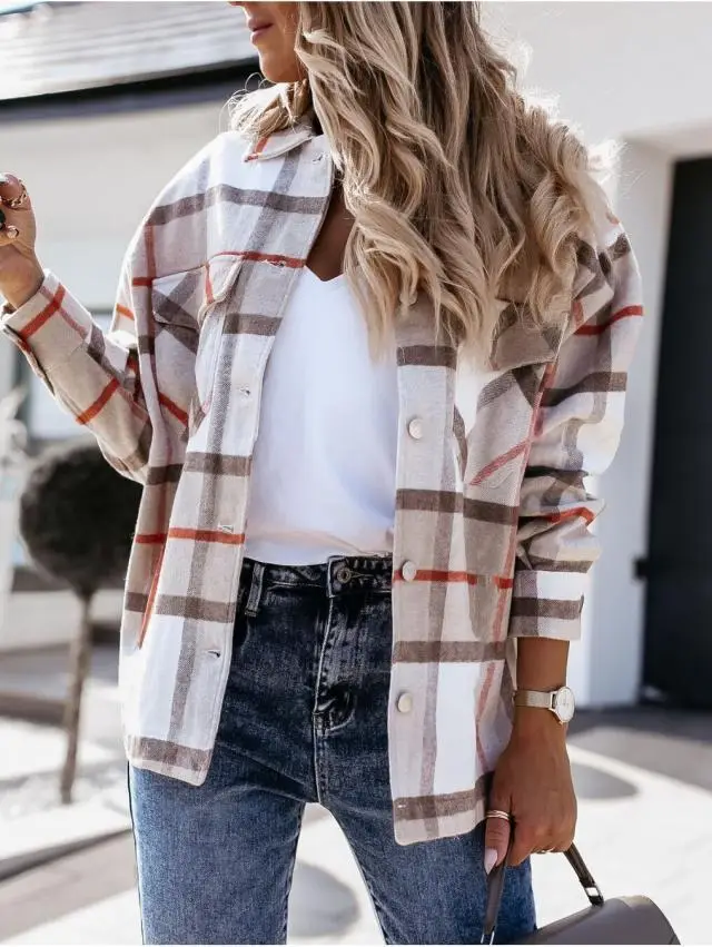 Autumn and Winter Long Sleeve Plaid Printed Shirt Coat Khaki - Shop at LoveMi