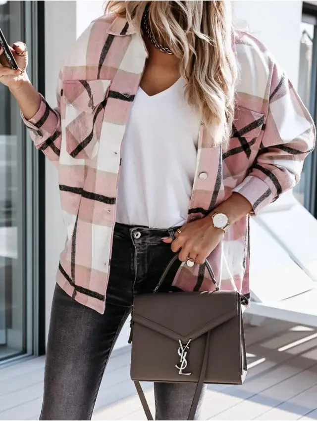 Autumn and Winter Long Sleeve Plaid Printed Shirt Coat Pink - Shop at LoveMi