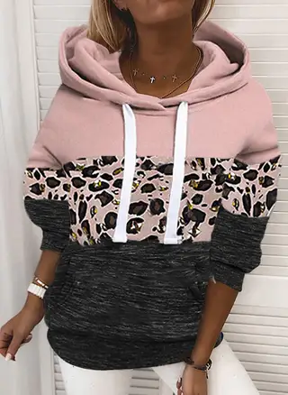 Bubble sleeve patchwork hat rope loose sweater - Pink