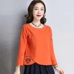 Cotton And Linen Women's Suit Long Sleeve t-Shirt - Orange