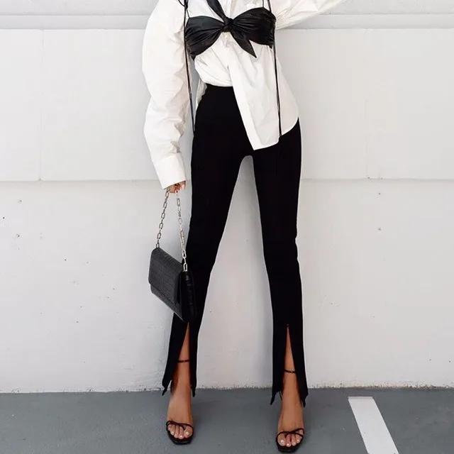 Fashion Solid Color Feet Zipper Slit Slim Trousers Black - Shop at LoveMi
