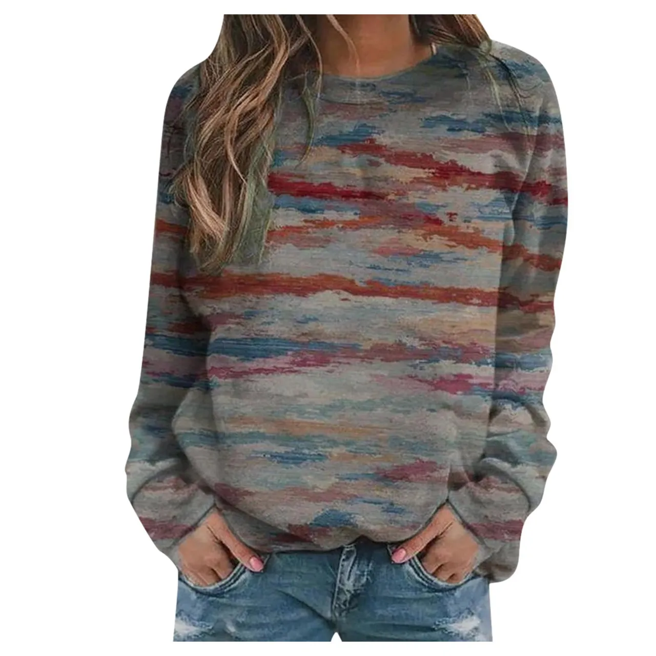 Rendering printed women's long-sleeved loose round neck sweater women - No 13 Color