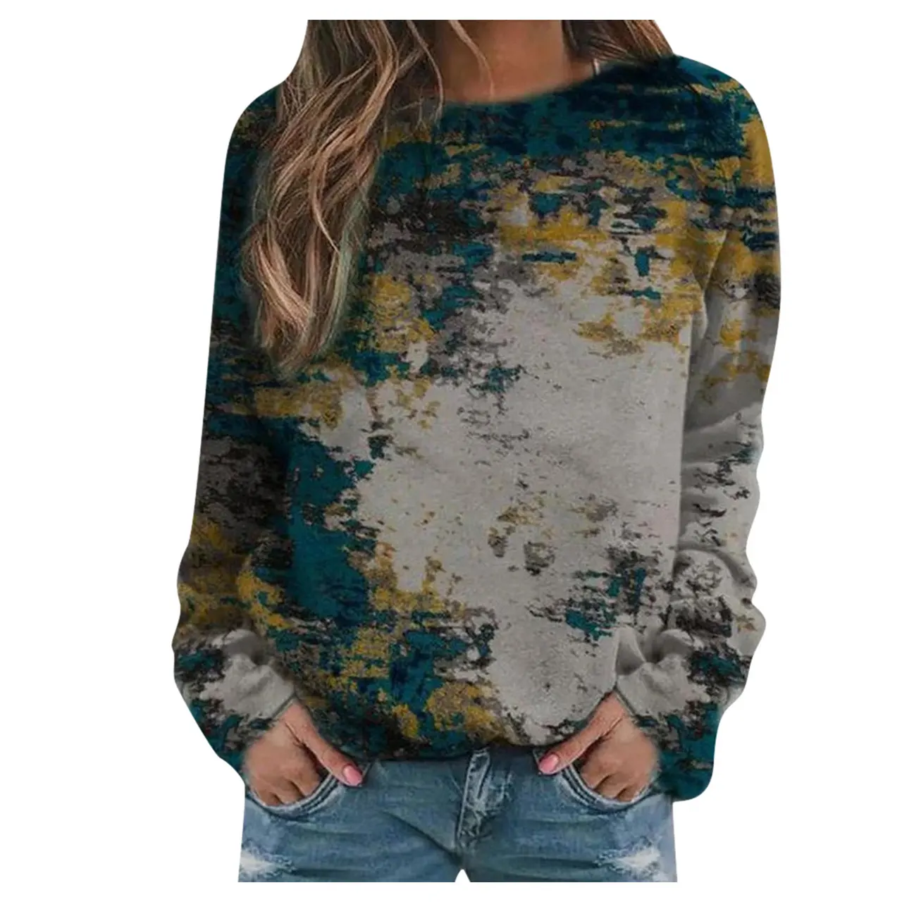Rendering printed women's long-sleeved loose round neck sweater women - No 14 Color