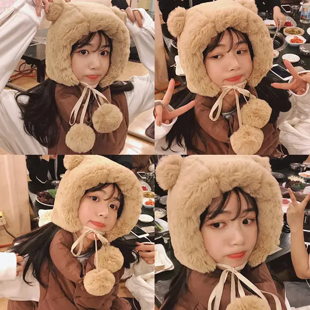 Lei Feng hat with bear ear fur ball Khaki - Shop at LoveMi