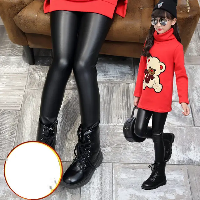 Little girl with plush fur pants Black Leather Pants - Shop at LoveMi