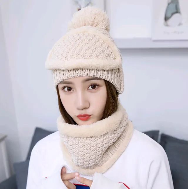 Hat Bib Maskcap And Plush Woolcap Cute Lady Outdoor Warm Autumn And Winter Knit Hat Beige - Shop at LoveMi