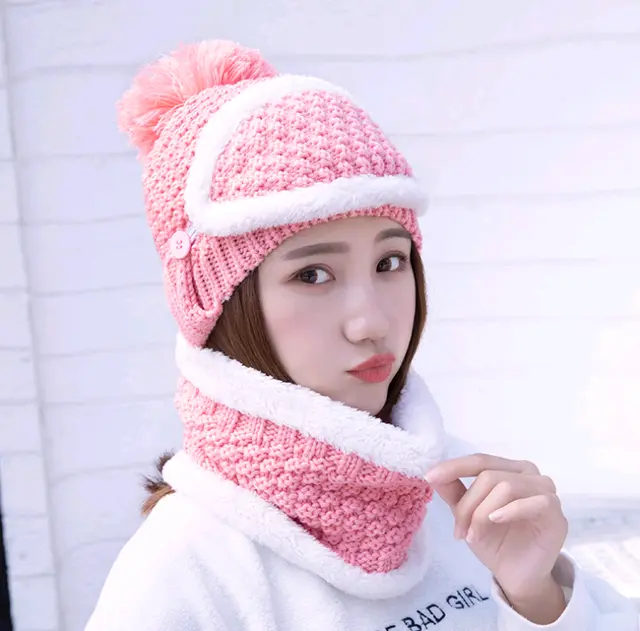Hat Bib Maskcap And Plush Woolcap Cute Lady Outdoor Warm Autumn And Winter Knit Hat Pink - Shop at LoveMi