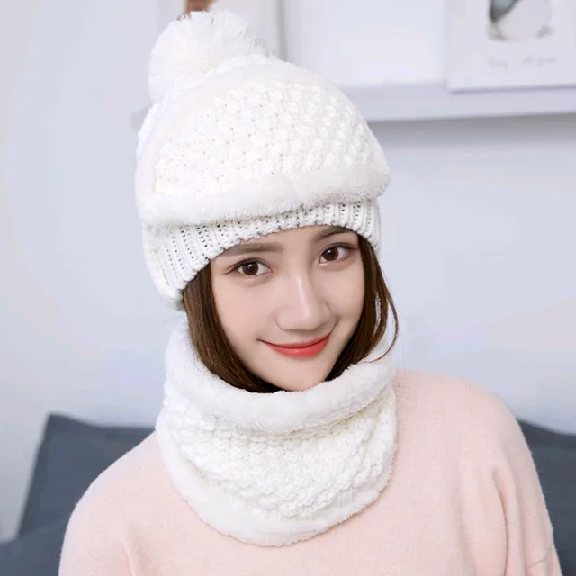 Hat Bib Maskcap And Plush Woolcap Cute Lady Outdoor Warm Autumn And Winter Knit Hat White - Shop at LoveMi