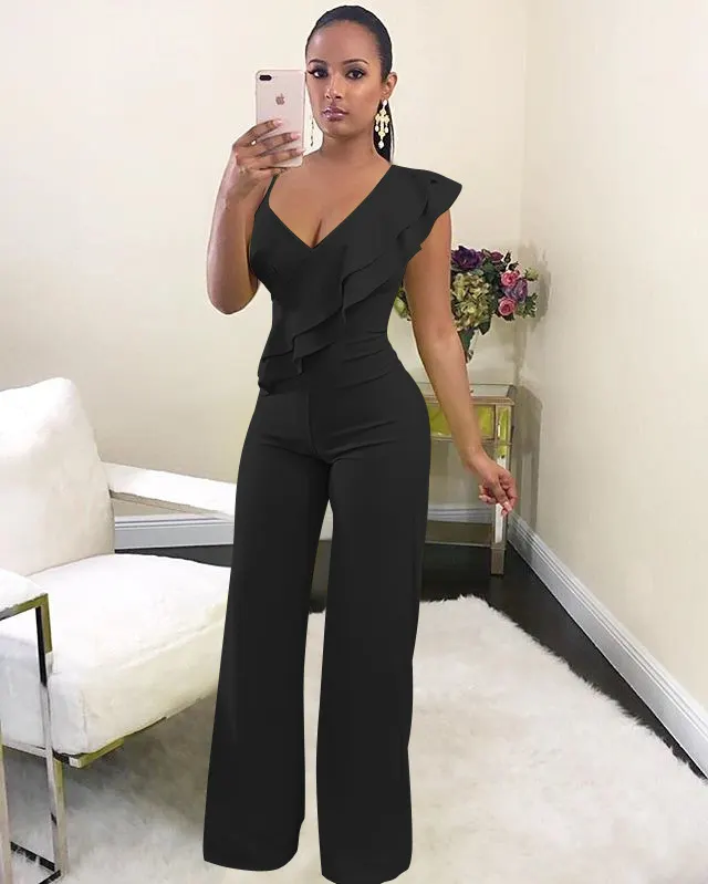 Sexy side shoulder ruffled jumpsuit Black - Shop at LoveMi