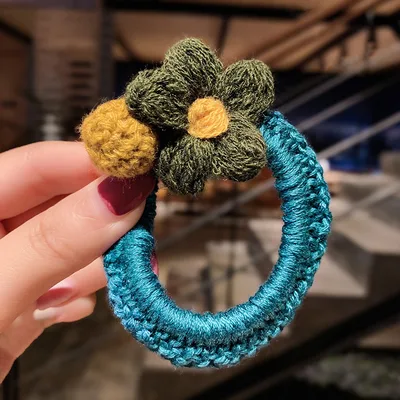 Woolen flowers tie hair elastic Blue - Shop at LoveMi