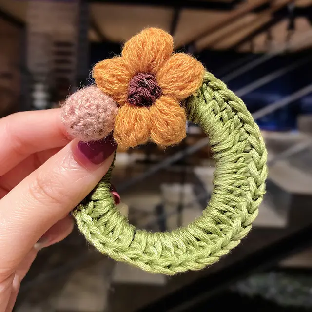 Woolen flowers tie hair elastic Green - Shop at LoveMi