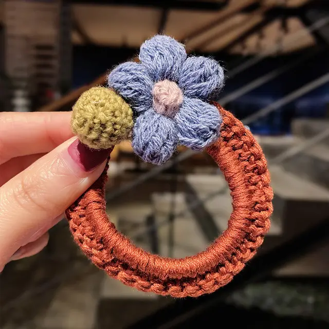 Woolen flowers tie hair elastic Orange - Shop at LoveMi