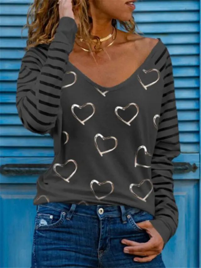 Printed V Neck Long Sleeve All Match Bottoming T Shirt 11Style - Shop at LoveMi