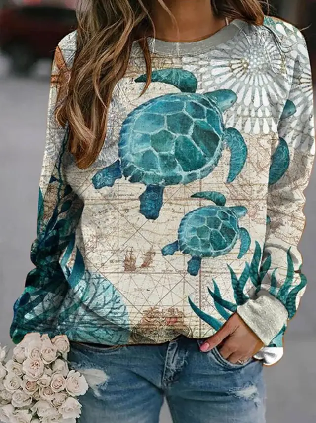 Art Print Christmas Style Ladies Casual Sweater Green - Shop at LoveMi