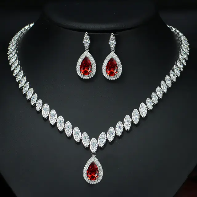 Korean Foreign Trade In Europe And America Two Piece AAA Zircon Jewelry Set Red - Shop at LoveMi