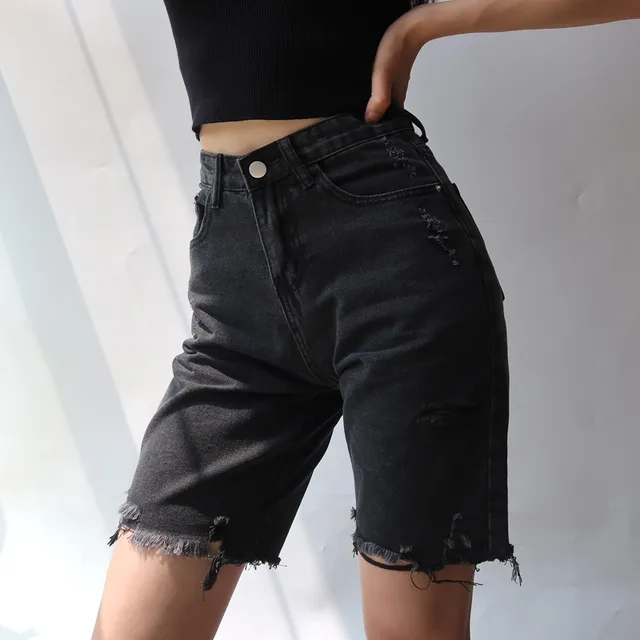 High waisted slim cut five point jeans Black - Shop at LoveMi