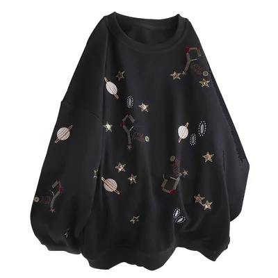 Korean Style Embroidered Sweater Women's Thin Loose Black - Shop at LoveMi