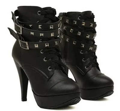 Women Black Ankle Boots Motorcycle Thin High Heel Double Buckle Black - Shop at LoveMi