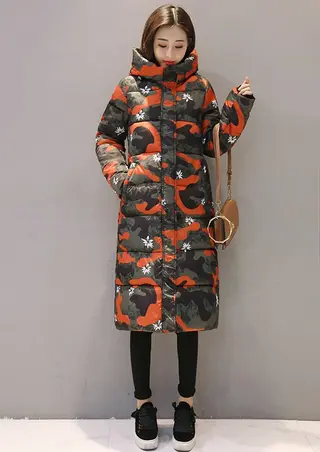 Women's long quilted jacket over the knee in winter - Orange - View 1