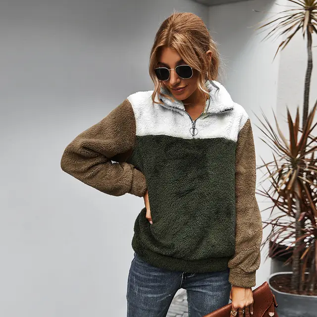 Women's lapel color blocking plus velvet sweater Army Green - Shop at LoveMi