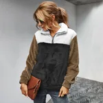 Women's lapel color-blocking plus velvet sweater - Black